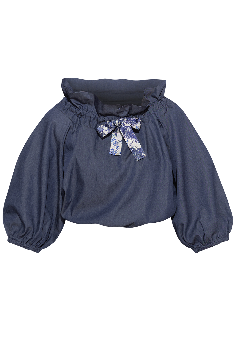 RUFFLED HIGH-NECK BLOUSE WITH PUFF SLEEVES - ASYA SKY