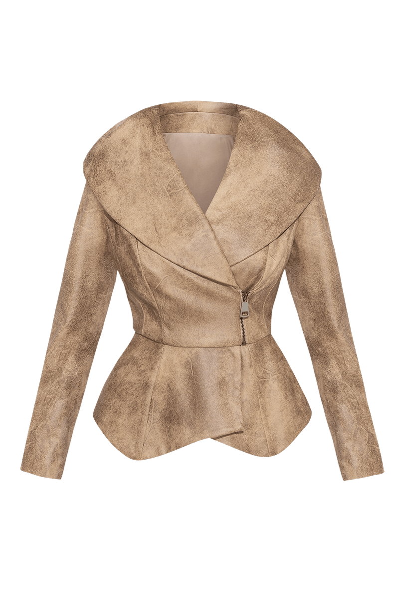 SUEDE-LOOK BLAZER WITH ASYMMETRICAL CLOSURE IN CAPPUCINO- ESSENTIALS JIORO БЛЕЙЗЕР С ШАЛ ЯКА ОТ ВЕЛУР В ЦВЯТ КАПУЧИНО - ESSENTIALS JIORO