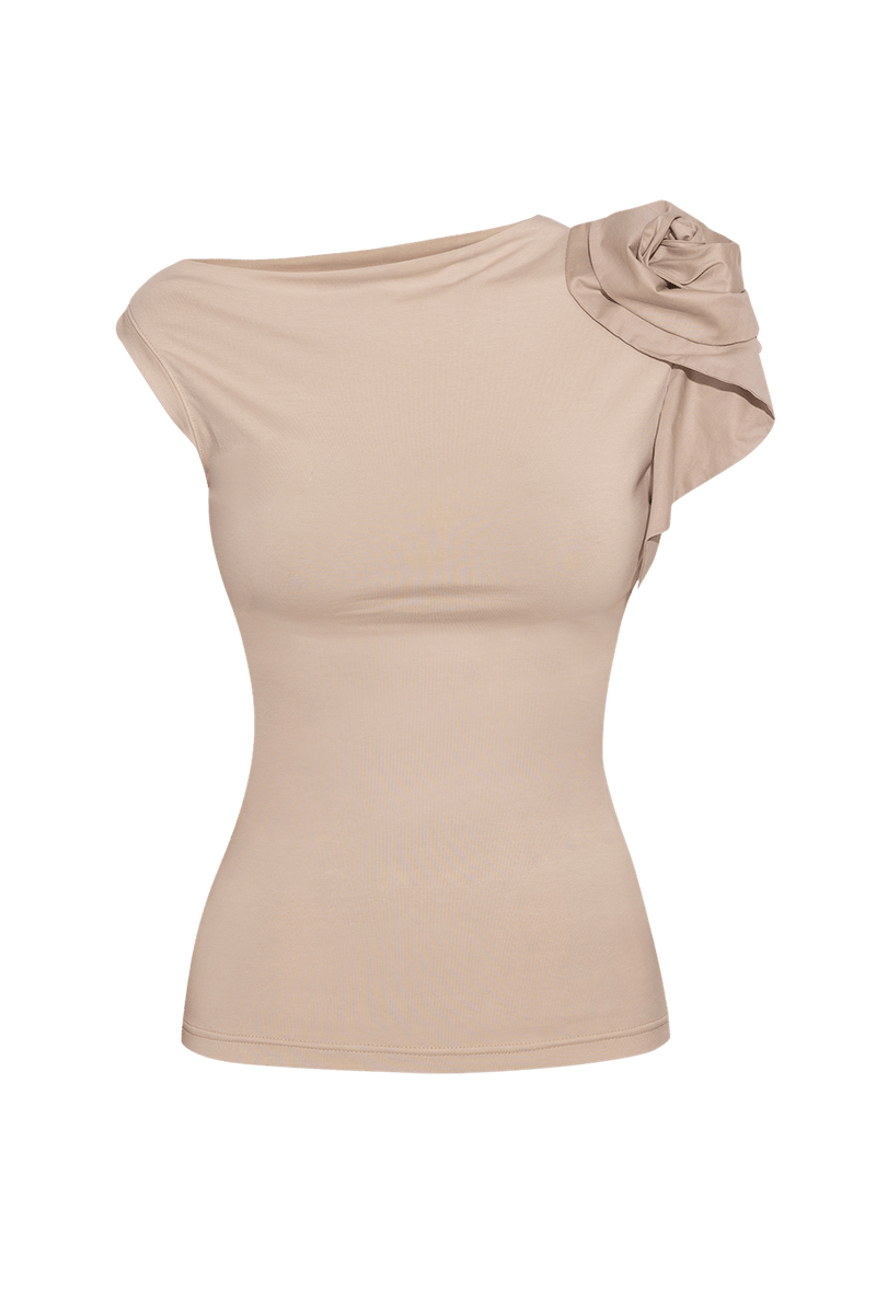 BLOUSE WITH ASYMMETRIC SHOULDER IN BEIGE - ESSENTIALS JIORO БЛУЗА С АСИМЕТРИЧНО РАМО В БЕЖОВО - ESSENTIALS JIORO