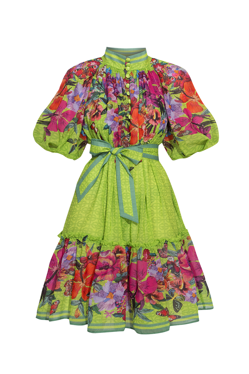 CHIFFON DRESS WITH PUFF SLEEVE - ACID GREEN LOGO JIORO ШИФОНЕНА РОКЛЯ С ОБЕМЕН РЪКАВ - ACID GREEN LOGO JIORO