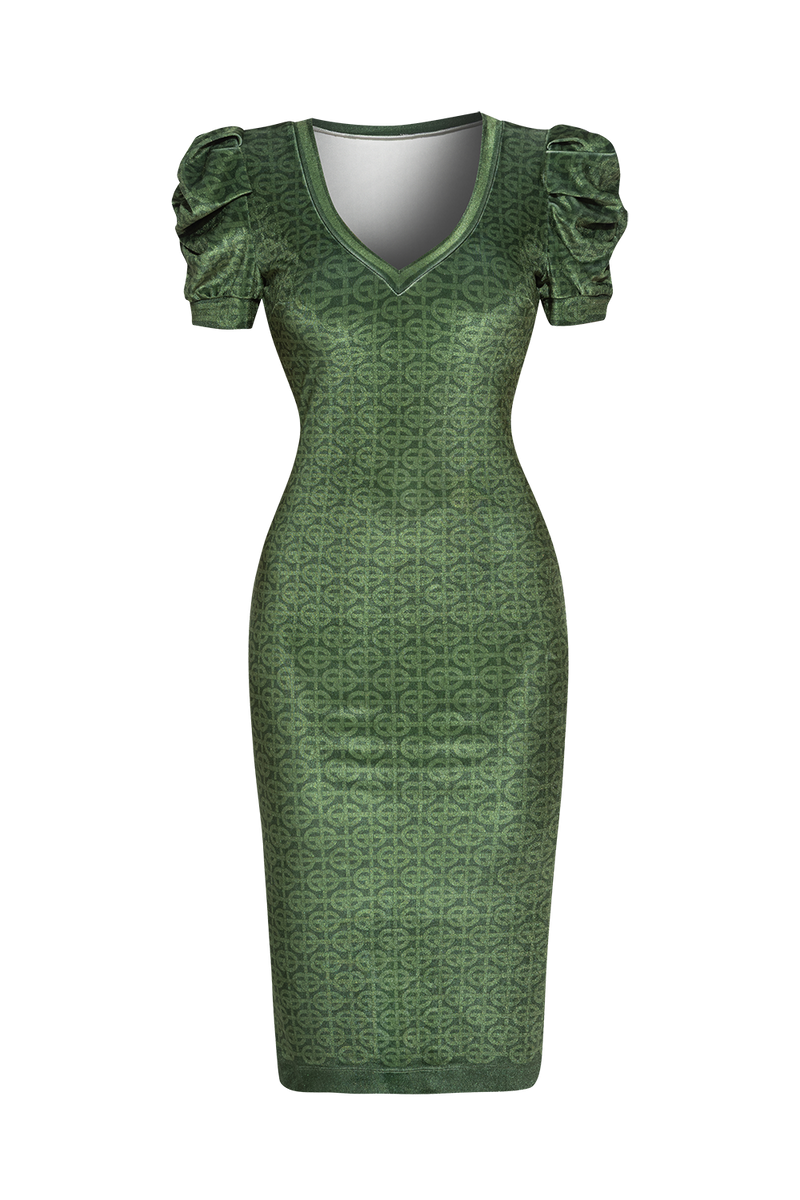 VELVET DRESS WITH PUFF SLEEVES - EMERALD GREEN LOGO