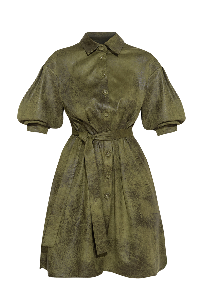 SUEDE-LOOK SHIRT DRESS IN OLIVE GREEN - ESSENTIALS