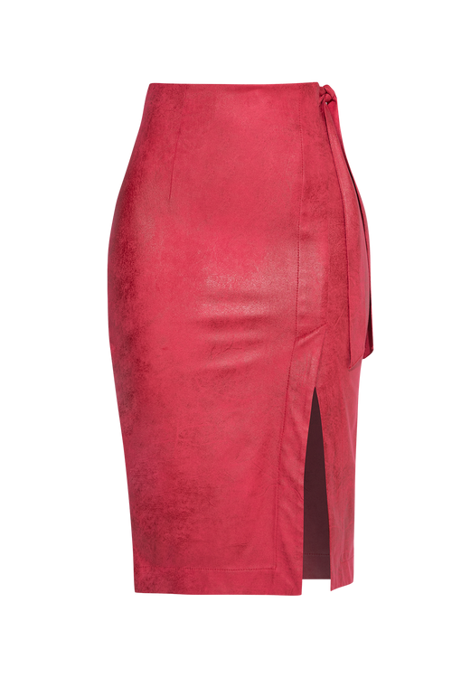 SUEDE-EFFECT CYCLAMEN WRAP SKIRT - ESSENTIALS JIORO АСИМЕТРИЧНА ПОЛА ОТ МАТЕРИЯ С ВЕЛУРЕН ЕФЕКТ В ЦВЯТ ЦИКЛАМА – ESSENTIALS JIORO