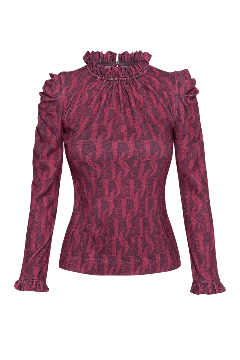 BLOUSE WITH GATHERED NECKLINE AND LOGO PRINT - BURGUNDY LOGO