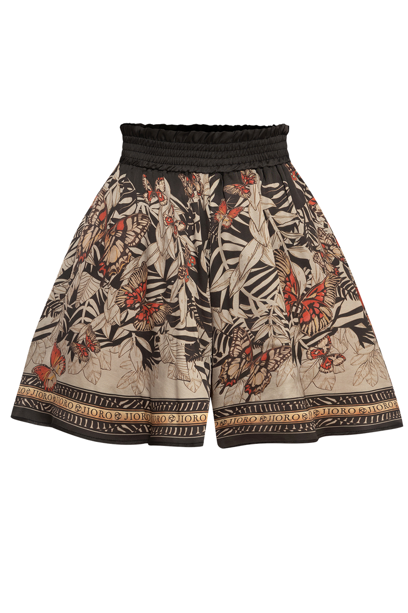 FLARED VISCOSE BERMUDA SHORTS WITH ELASTIC WAIST - MIDNIGHT BUTTERFLIES