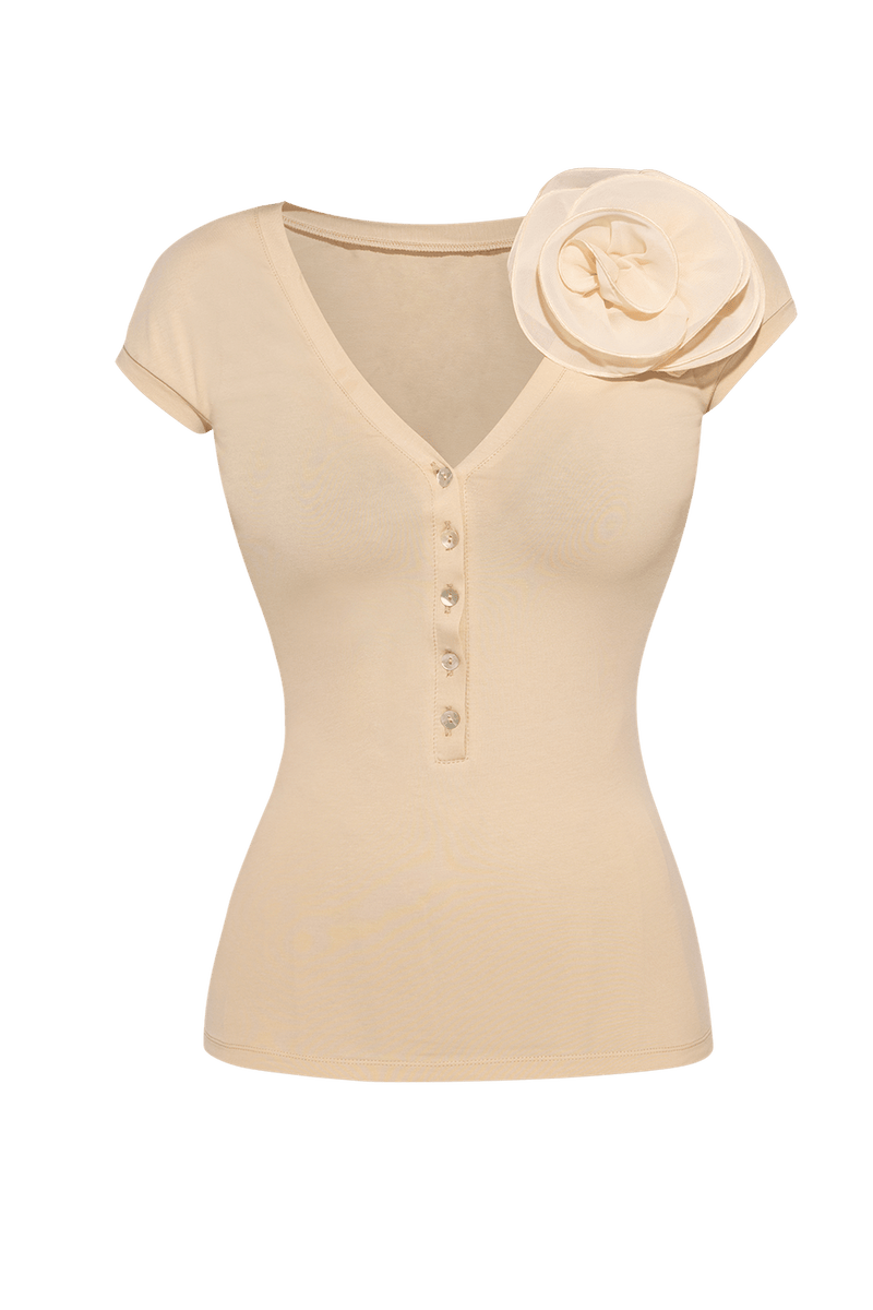 COTTON BUTTONED T-SHIRT WITH SHOULDER FLOWER - ESSENTIALS JIORO ПАМУЧЕН ТОП С КОПЧЕТА И ЦВЕТЕ НА РАМОТО - ESSENTIALS JIORO