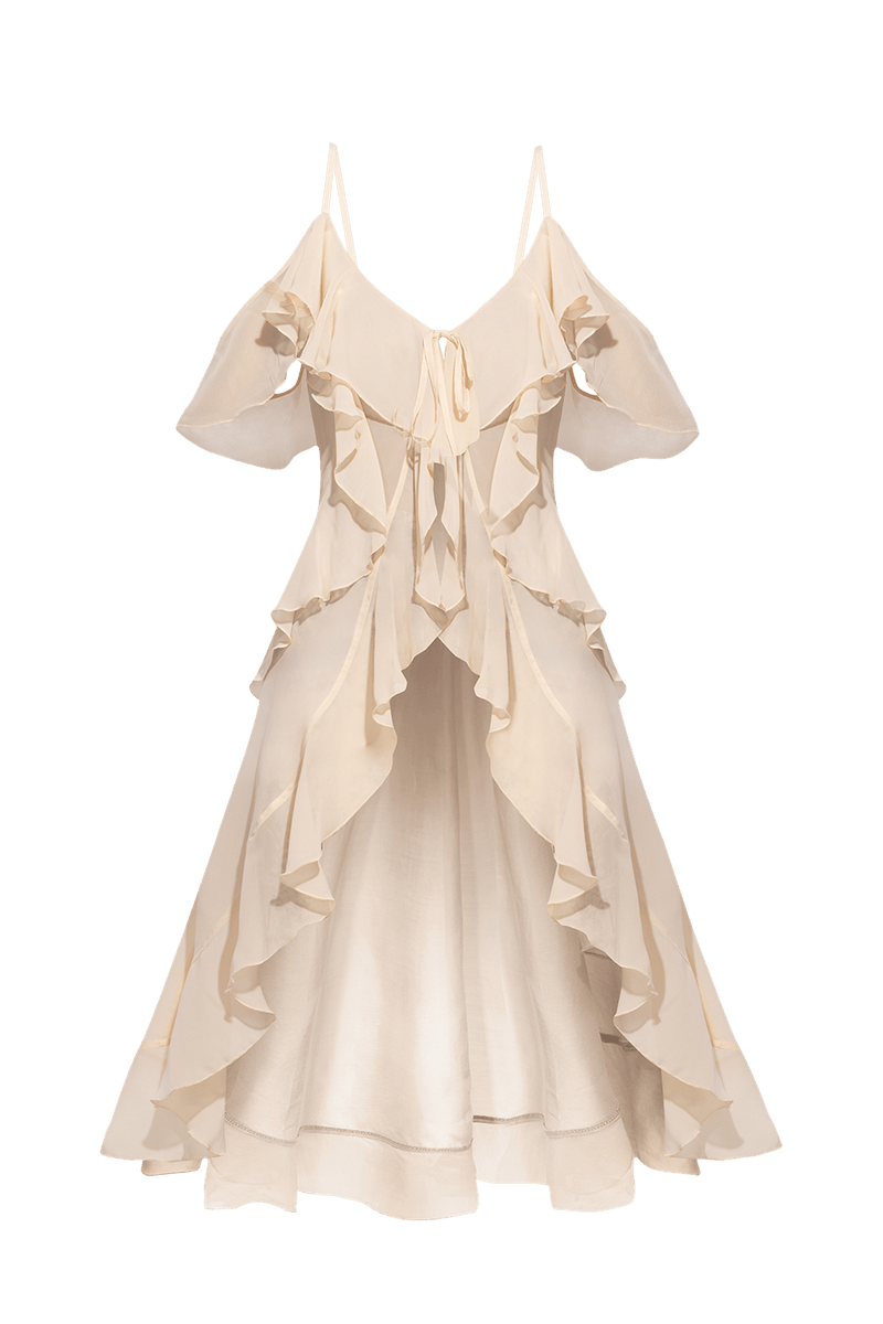 TUNIQUE LONGUE EN CHIFFON À VOLANTS EN BEIGE - ESSENTIELS