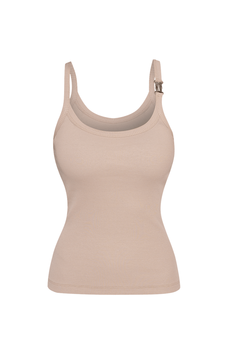 Débardeur côtelé en coton avec fines bretelles en beige - Essentiels