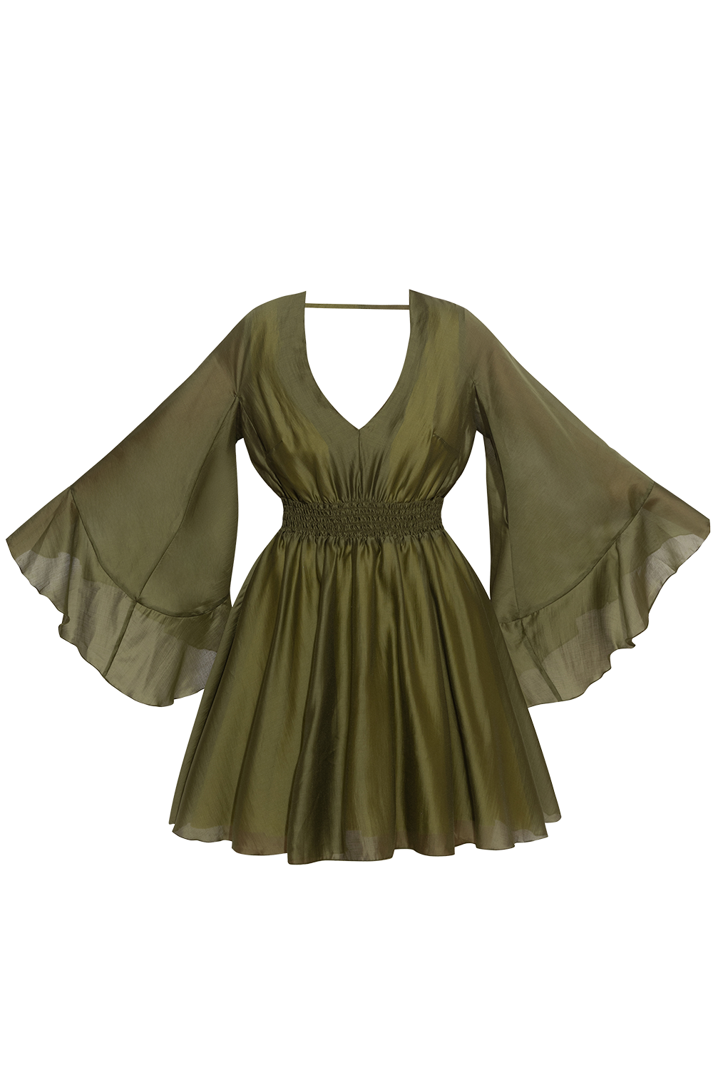 SHORT TENCEL DRESS WITH WIDE SLEEVES IN OLIVE GREEN - ESSENTIALS