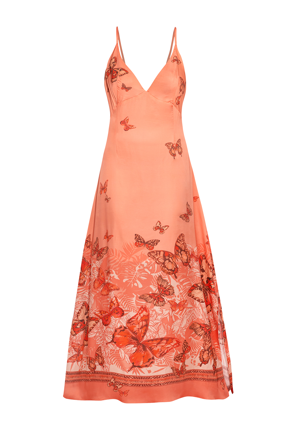 VISCOSE SLIP DRESS WITH OPEN BACK AND THIN STRAPS - PAPAYA BUTTERFLIES