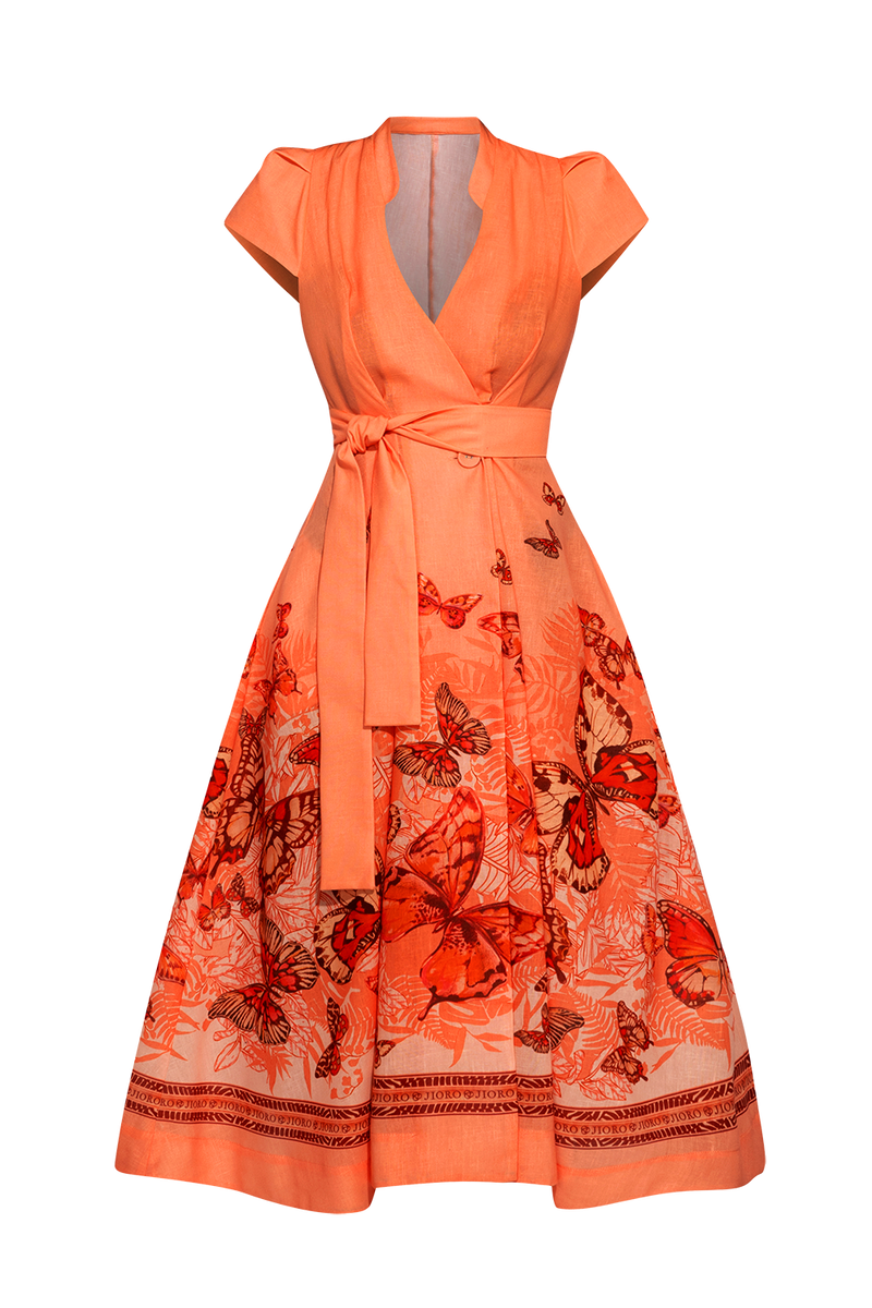 LONG FLARED LINEN DRESS - PAPAYA BUTTERFLIES JIORO ДЪЛГА РАЗКРОЕНА РОКЛЯ ОТ ЛЕН - PAPAYA BUTTERFLIES JIORO