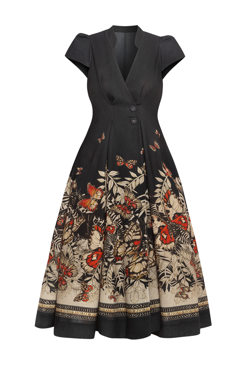 LONG FLARED LINEN DRESS - MIDNIGHT BUTTERFLIES
