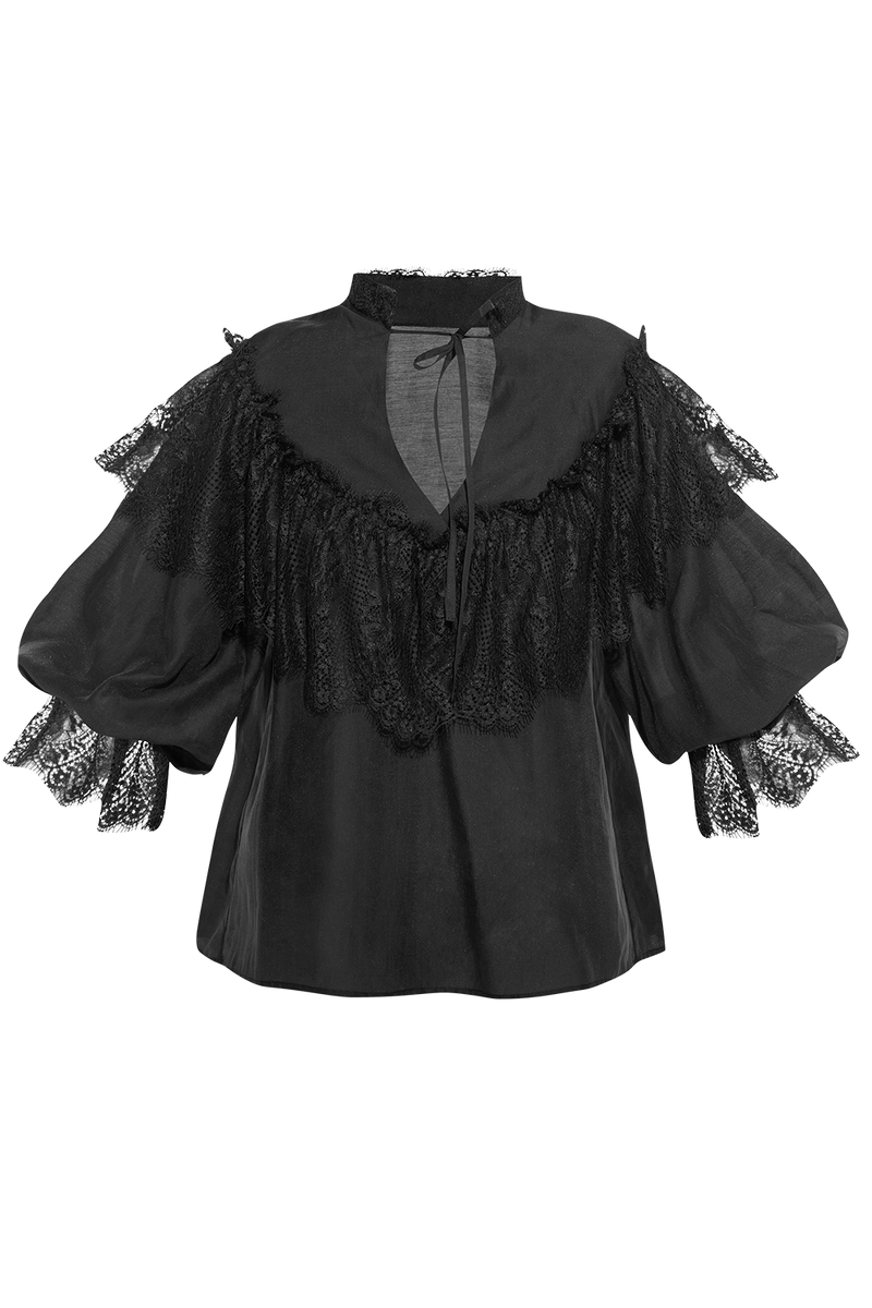 BOHEMIAN BLACK BLOUSE WITH PUFF SLEEVES AND LACE DETAILS - ESSENTIALS - JIORO