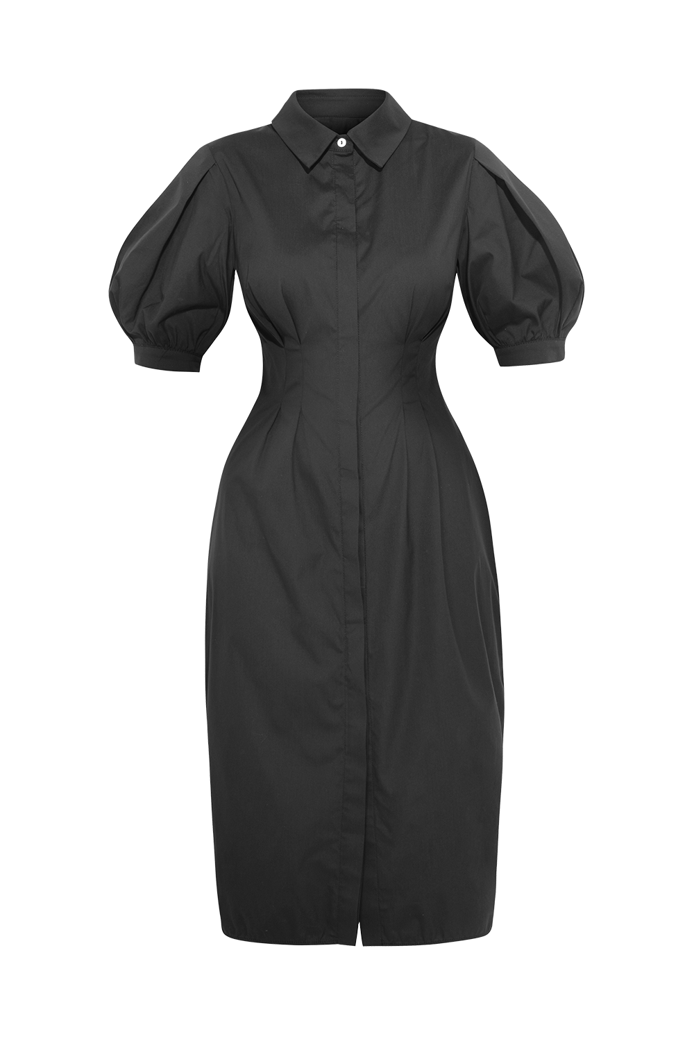 BLACK SHIRT COTTON POPLIN DRESS WITH OVAL HEM - ESSENTIALS JIORO ЧЕРНА РОКЛЯ ТИП РИЗА ОТ ПАМУЧЕН ПОПЛИН С ОВАЛЕН ПОДГЪВ - ESSENTIALS JIORO