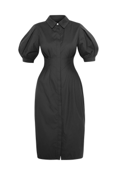BLACK SHIRT COTTON POPLIN DRESS WITH OVAL HEM - ESSENTIALS JIORO ЧЕРНА РОКЛЯ ТИП РИЗА ОТ ПАМУЧЕН ПОПЛИН С ОВАЛЕН ПОДГЪВ - ESSENTIALS JIORO