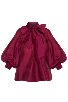 BOHEMIAN BURGUNDY BLOUSE WITH PUFF SLEEVES AND TIE-FRONT COLLAR - ESSENTIALS JIORO
