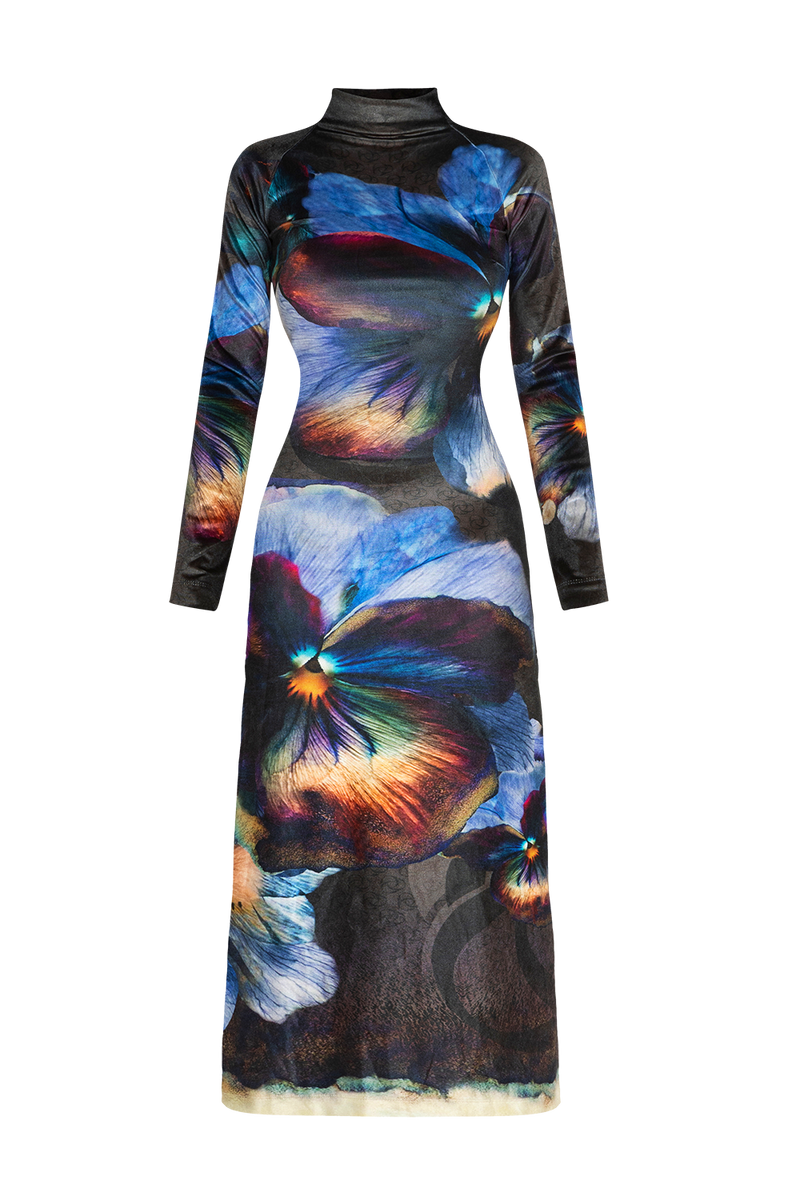 VELVET MAXI DRESS WITH REGLAN LONG SLEEVES, HIGH NECK AND SIDE SLIT - VIOLET