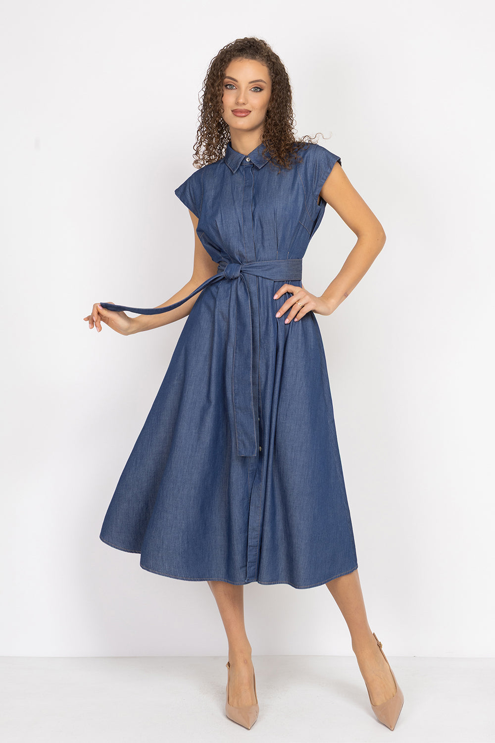 LIGHTWEIGHT DENIM A-LINE SHIRT DRESS - ESSENTIALS JIORO РОКЛЯ ТИП РИЗА ОТ ТЪНЪК ДЕНИМ И ПОДВИЖЕН КОЛАН - ESSENTIALS JIORO
