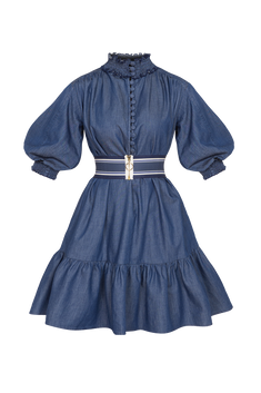 DENIM DRESS WITH ELASTICATED NECKLINE AND BELT - ESSENTIALS JIORO ДЪНКОВА РОКЛЯ С ЛАСТИЧНА ЯКА И КОЛАН - ESSENTIALS JIORO