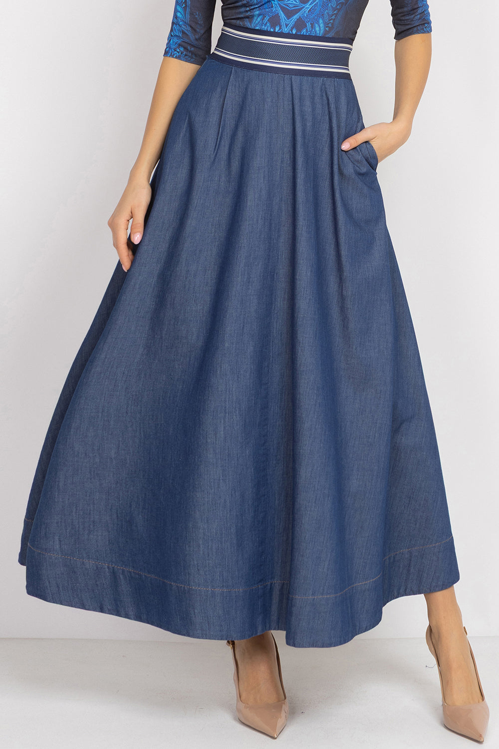 LONG DENIM SKIRT WITH ELASTIC WAIST AND SIDE POCKETS - ESSENTIALS JIORO ДЪЛГА ПОЛА ОТ ДЕНИМ С ЛАСТИК И СТРАНИЧНИ ДЖОБОВЕ - ESSENTIALS JIORO