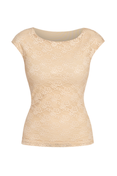 DOUBLE-LAYER LACE TOP WITH BOAT NECKLINE IN BEIGE - ESSENTIALS JIORO ДВУСЛОЕН ДАНТЕЛЕН ТОП В БЕЖОВО С ЛОДКА ДЕКОЛТЕ И ПОДПЛАТА ОТ ПАМУК - ESSENTIALS JIORO