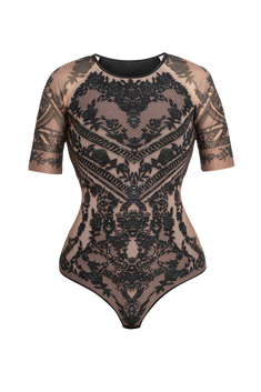 SHORT SLEEVE MESH BODYSUIT WITH ROUND NECKLINE - GRAFFITI POWDER