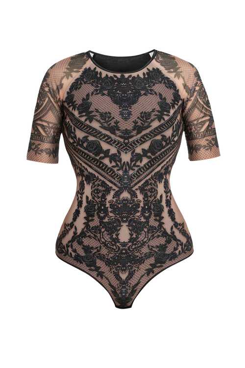 SHORT SLEEVE MESH BODYSUIT WITH ROUND NECKLINE - GRAFFITI POWDER